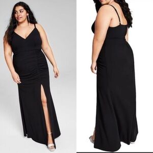 Emerald Sundae Trendy Plus Size Side Shirred Ruched Black Spaghetti Strap Gown